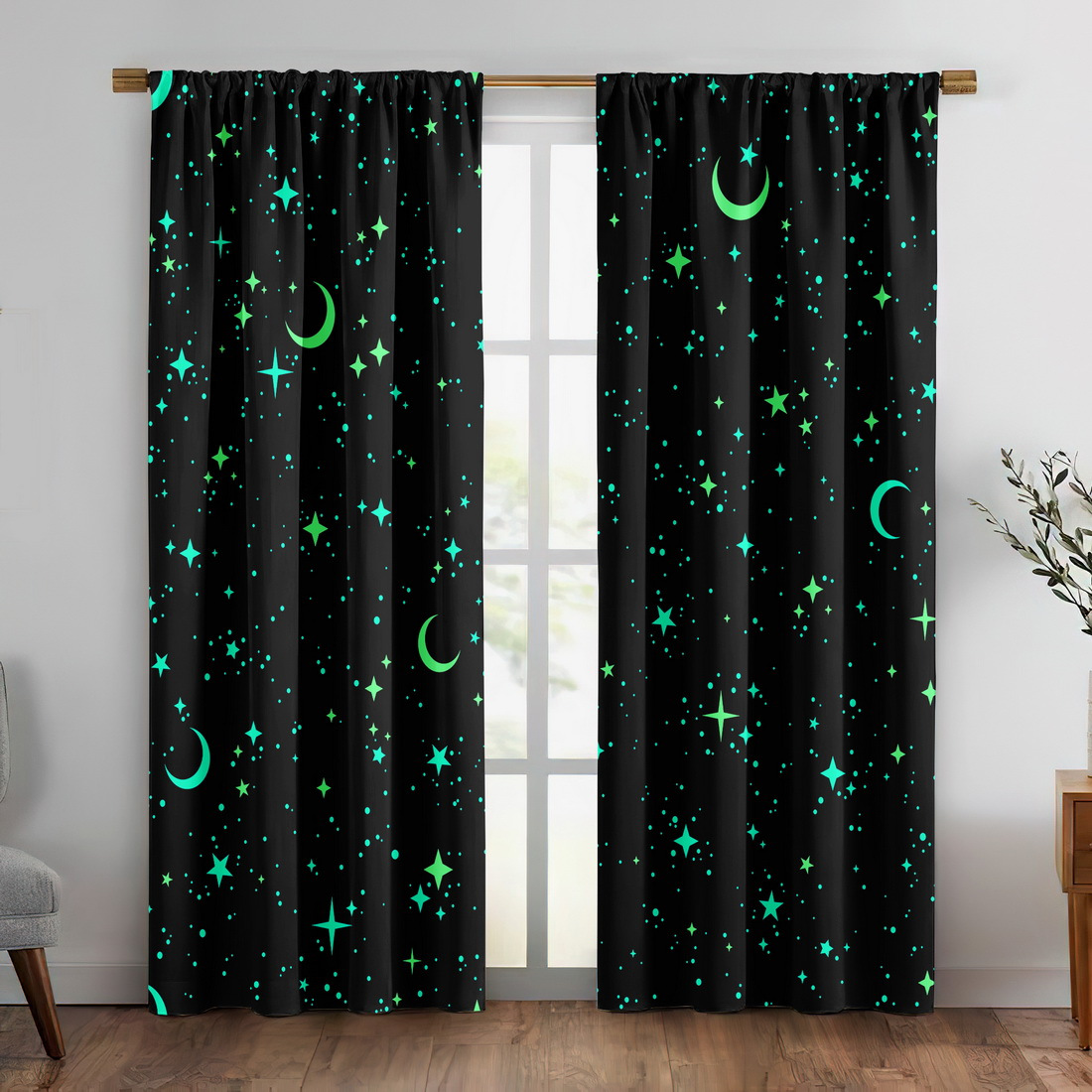 Baby Nursery Blackout Curtains - 2개의 야광 패널이 있는 별 달
