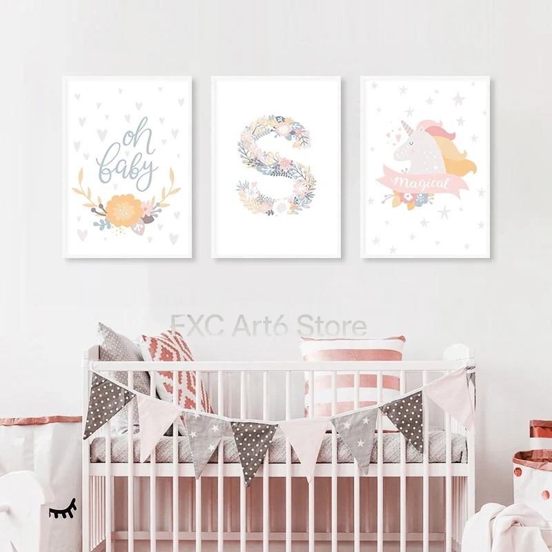 Baby Nursery Pink - 1PC 프레임리스 꽃 알파벳 문자 유니콘