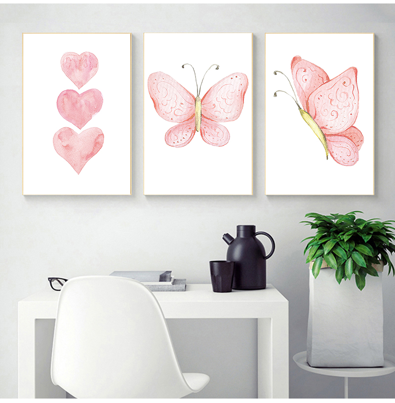 Baby Nursery Pink - 핑크 하트 캔버스 그림 나비 벽