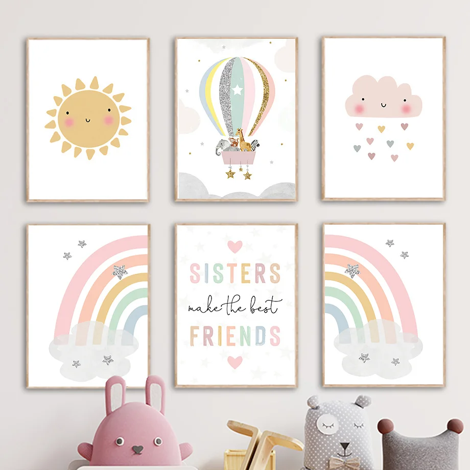 Baby Nursery Wall Art - 기린 코끼리 열기구 태양 무지개 보육원