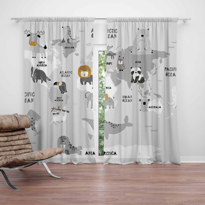 Baby Nursery Blackout Curtains - 세계 지도 유아용 커튼 사파리 동물