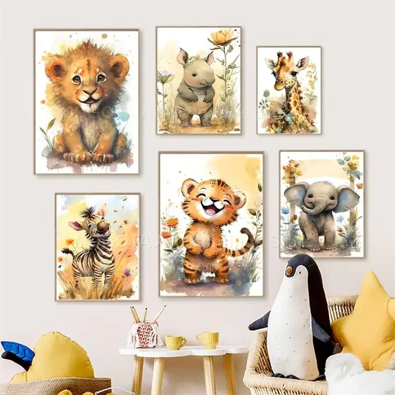 Baby Nursery Wall Art - 수채화 사자 기린 호랑이 코끼리 얼룩말