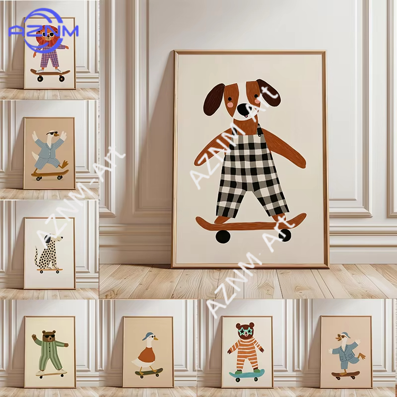 Baby Nursery Wall Art - 1개 재미있는 동물 스케이트보드 포스터 트렌디한