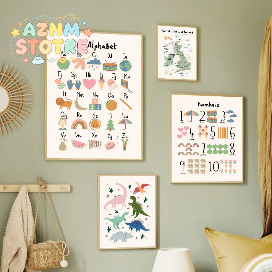 Baby Nursery Wall Art - 동물 세계 지도 공룡 알파벳 숫자