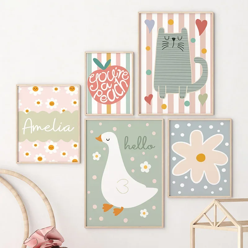 만화 고양이 오리 새 사과 맞춤 아기 이름 유아방 벽  - Baby Nursery Wall Art 리뷰 및 가격
