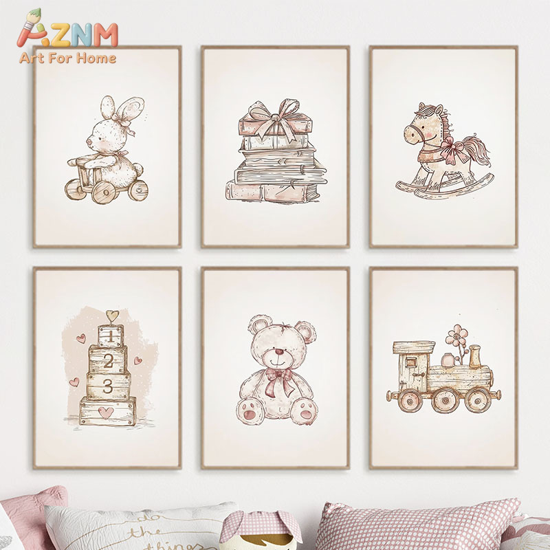 AZNM 빈티지 아기 장난감 캔버스 벽 장식 테디베어  - Baby Nursery Vintage 리뷰 및 가격